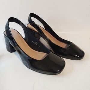 M&S‎ Women's Slingback Retro Square Block Grannycore Patent Leather Heels  4½W